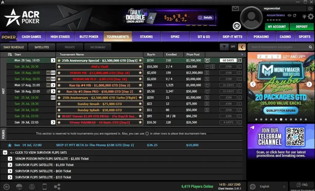 ACR Poker tournament lobby showing Run Up Series, Venom and 25th Anniversary events