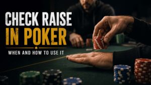 Check-Raise in Poker: A player's hands placing a stack of red casino chips on a green felt table.