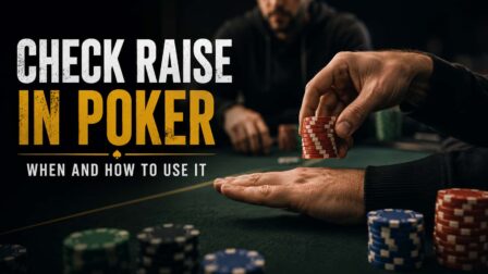 Check-Raise in Poker: A player's hands placing a stack of red casino chips on a green felt table.