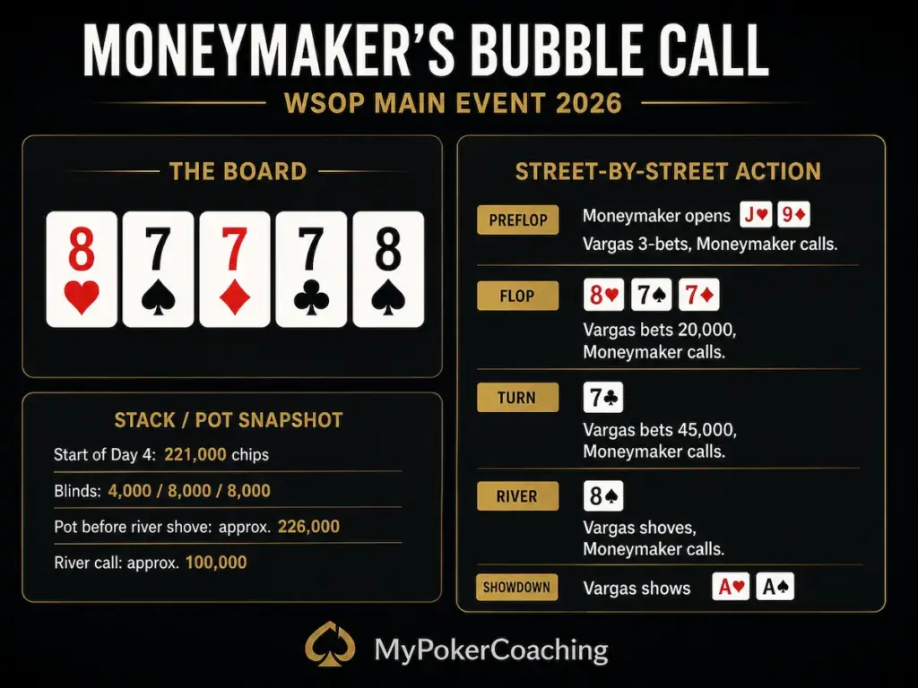 Infographic showing Chris Moneymaker’s J-9 bubble call against Antonio Vargas during the 2026 WSOP Main Event.