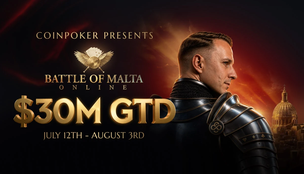 CoinPoker Battle of Malta Online Series promotional banner featuring a $30M guaranteed prize pool.