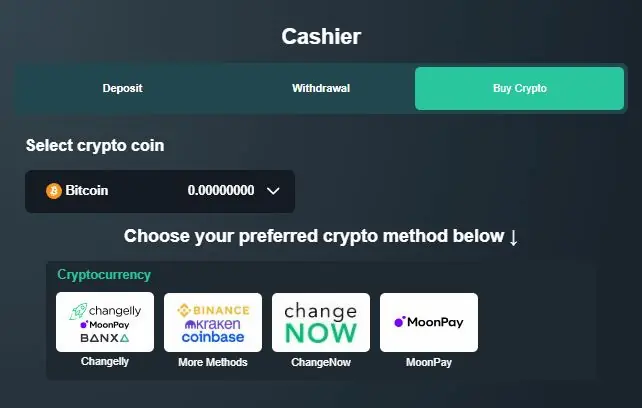 Vave Casino cashier showing Bitcoin selection and crypto purchase providers
