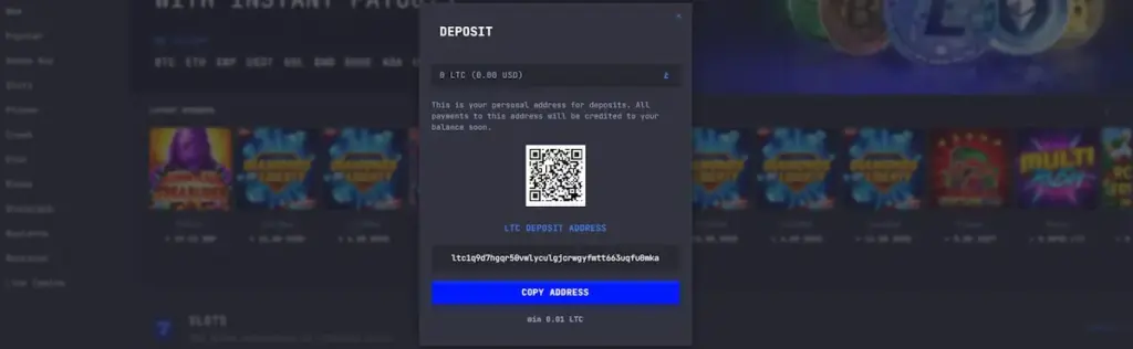 LTC Casino Litecoin deposit window with a personal wallet address, QR code and 0.01 LTC minimum