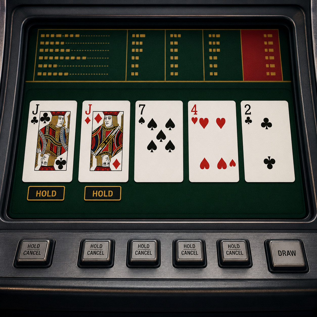 Five Video Poker cards with two hold markers on a Jacks or Better machine