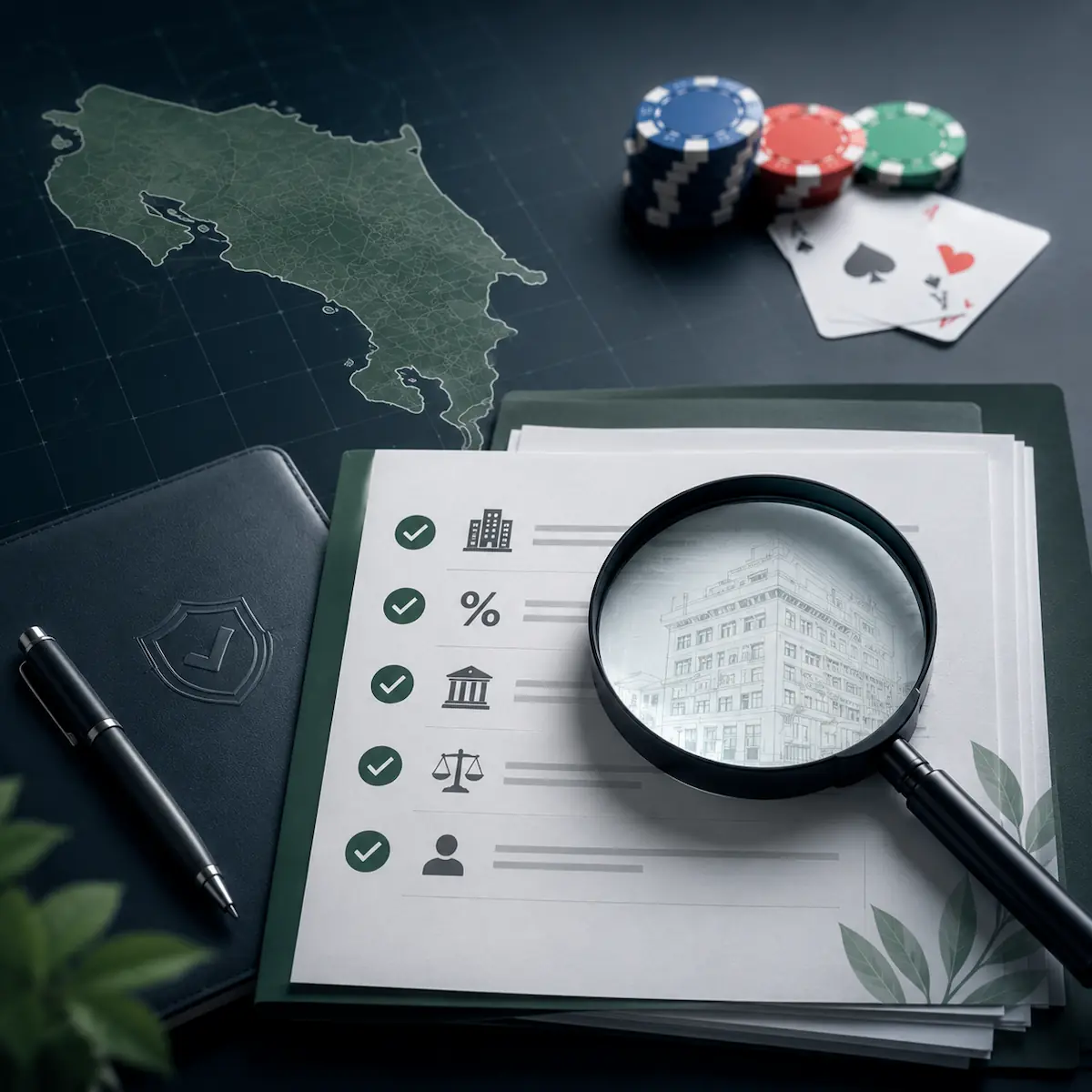 Costa Rica gambling license player checklist with casino documents and verification symbols