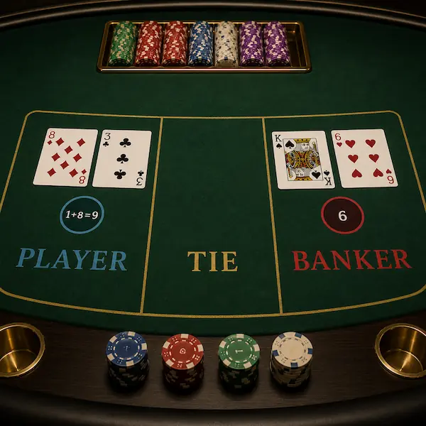 Baccarat table showing Player, Banker, and Tie betting areas for a how to play Baccarat guide