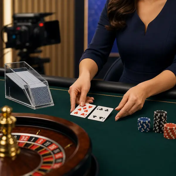 Live casino dealer handling playing cards beside chips and a roulette wheel in an online studio