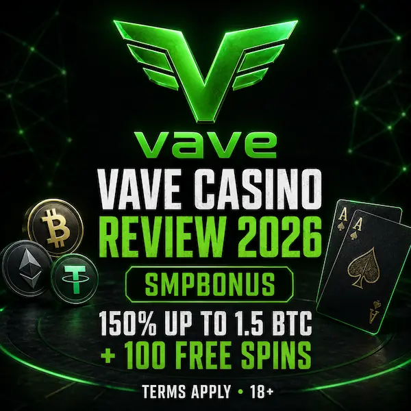 Vave Casino Review 2026 featured image with SMPBONUS and crypto welcome offer