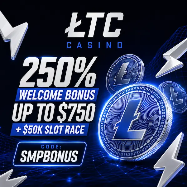 LTC Casino 250% welcome bonus up to $750 with the SMPBONUS promo code