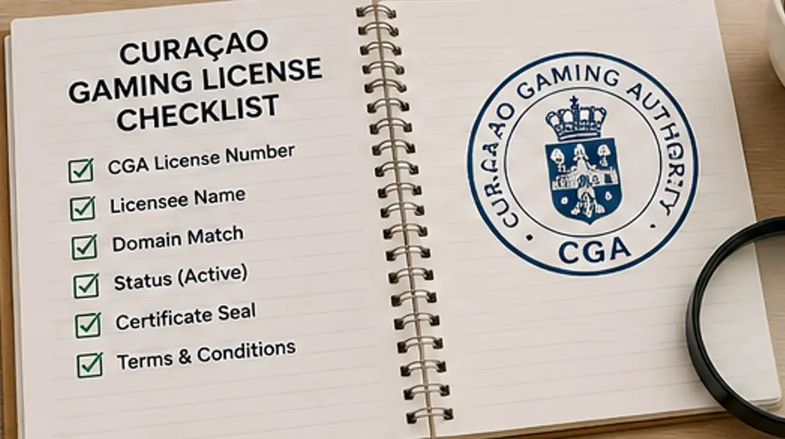 Curaçao gaming license checklist with CGA certificate seal, active status, operator name, and domain match
