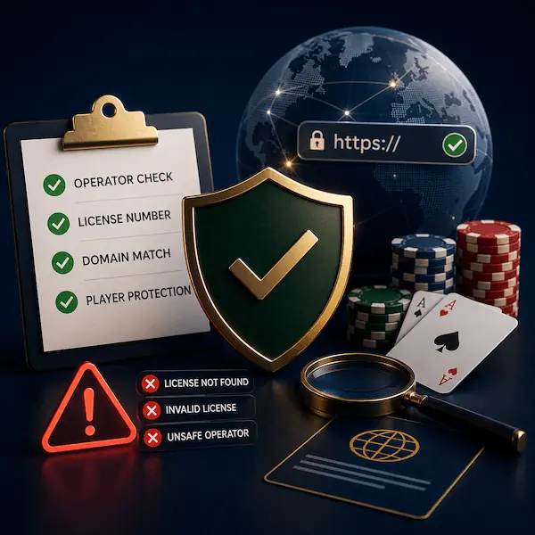 Online gambling license verification image with a shield, checklist, casino chips, and license red flag
