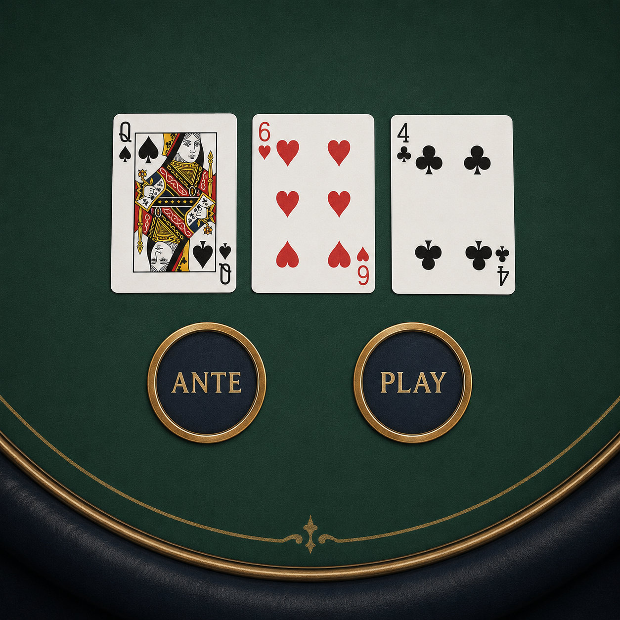 Three playing cards beside Three Card Poker Ante and Play markers on a green casino table