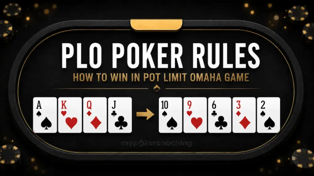 Featured image with a black-and-gold poker table, a Pot Limit Omaha hand example, and the text PLO Poker Rules - How To Win In Pot Limit Omaha Game.