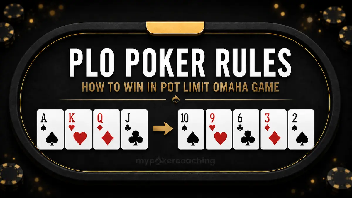 Featured image with a black-and-gold poker table, a Pot Limit Omaha hand example, and the text PLO Poker Rules - How To Win In Pot Limit Omaha Game.