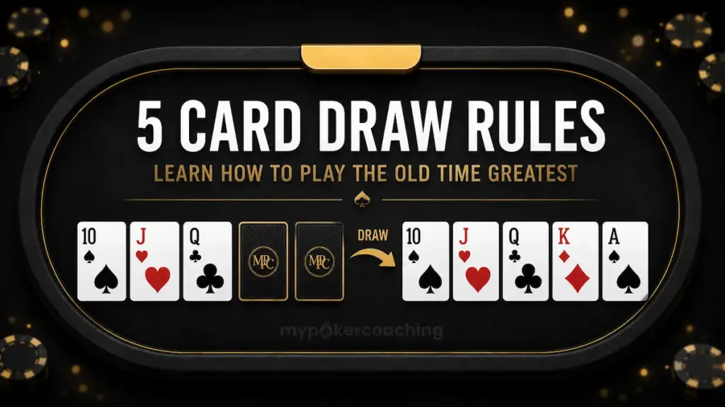 Featured image with a black-and-gold poker table, a five-card draw example, and the text 5 Card Draw Rules – Learn How To Play The Old Time Greatest.