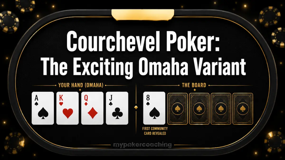 Featured image with a black-and-gold poker table, a four-card Omaha hand, a partially revealed board, and the text Courchevel Poker: The Exciting Omaha Variant.