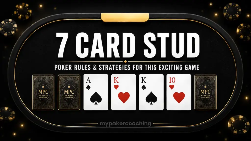 Featured image with a black-and-gold poker table, 7 Card Stud card layout, and the text 7 Card Stud Poker Rules & Strategies For This Exciting Game.