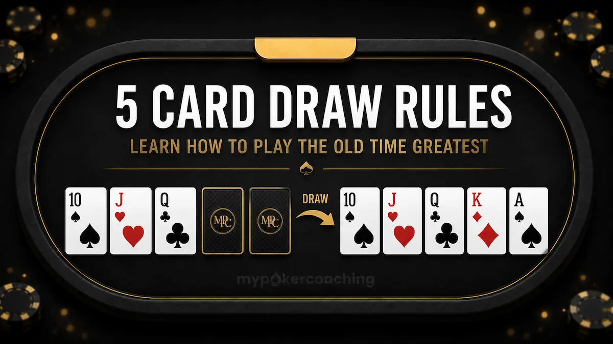 Featured image with a black-and-gold poker table, a five-card draw example, and the text 5 Card Draw Rules – Learn How To Play The Old Time Greatest.