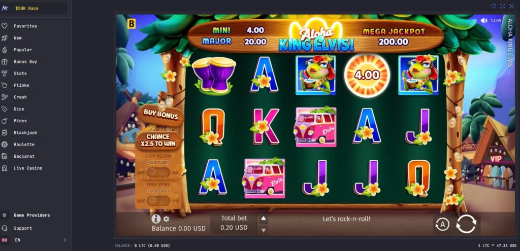 Aloha King Elvis slot game open in the LTC Casino browser interface