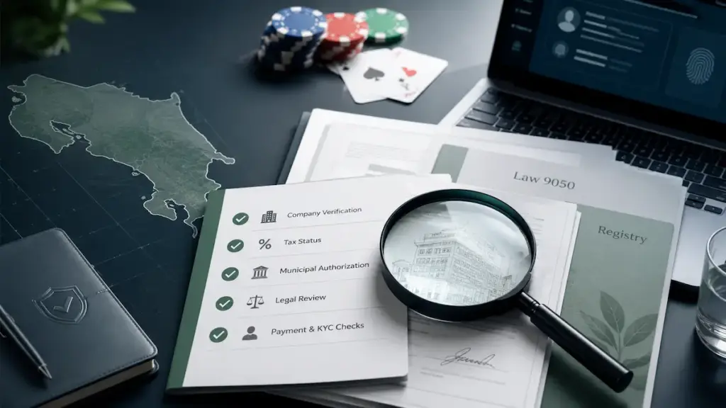 Costa Rica gambling license verification concept with documents, casino chips, and compliance checks