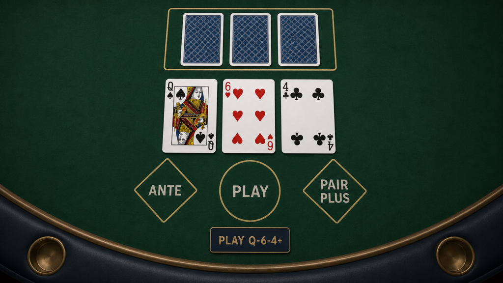 Three Card Poker table with three-card hands, Ante and Play betting areas, and a Q-6-4 strategy reference