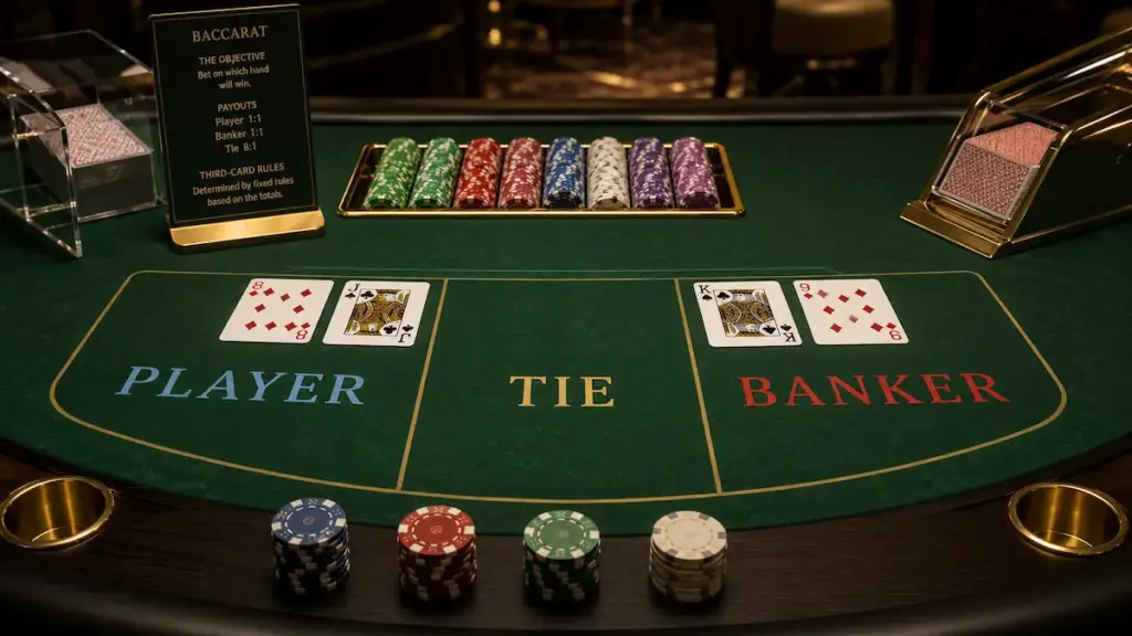 Baccarat table showing Player, Banker, and Tie betting areas for a how to play Baccarat guide