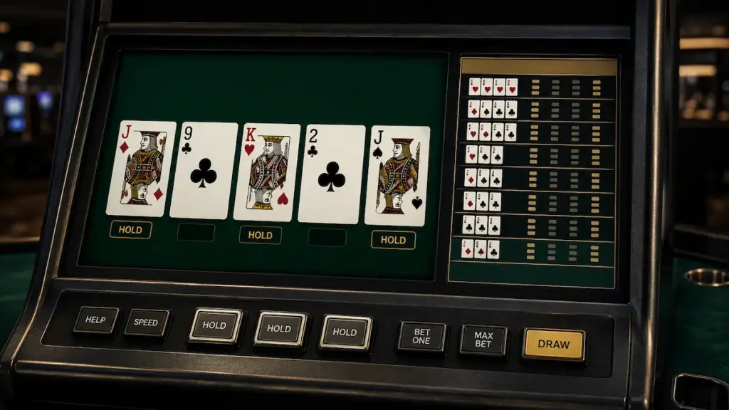 Video Poker machine showing a five-card Jacks or Better hand, hold buttons, and a pay table