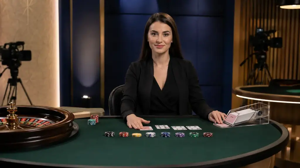 Live dealer hosting an online casino table with playing cards, chips, and roulette equipment in a professional studio