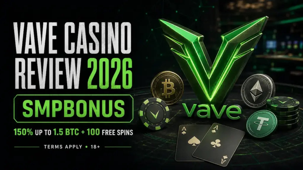 Vave Casino Review 2026 graphic with SMPBONUS, 150% up to 1.5 BTC and 100 free spin