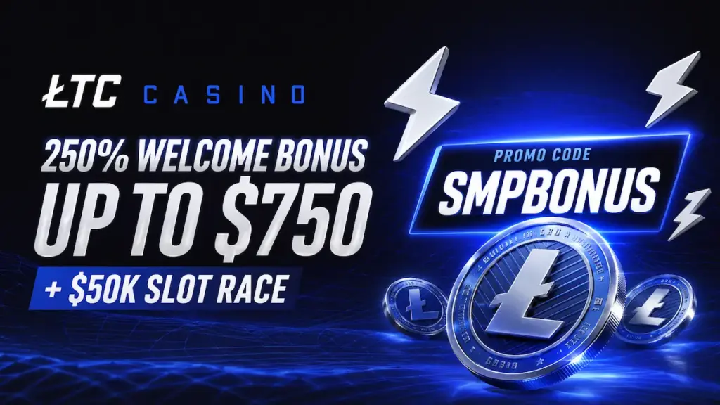 LTC Casino welcome bonus showing 250% up to $750, a $50K slot race, and promo code SMPBONUS