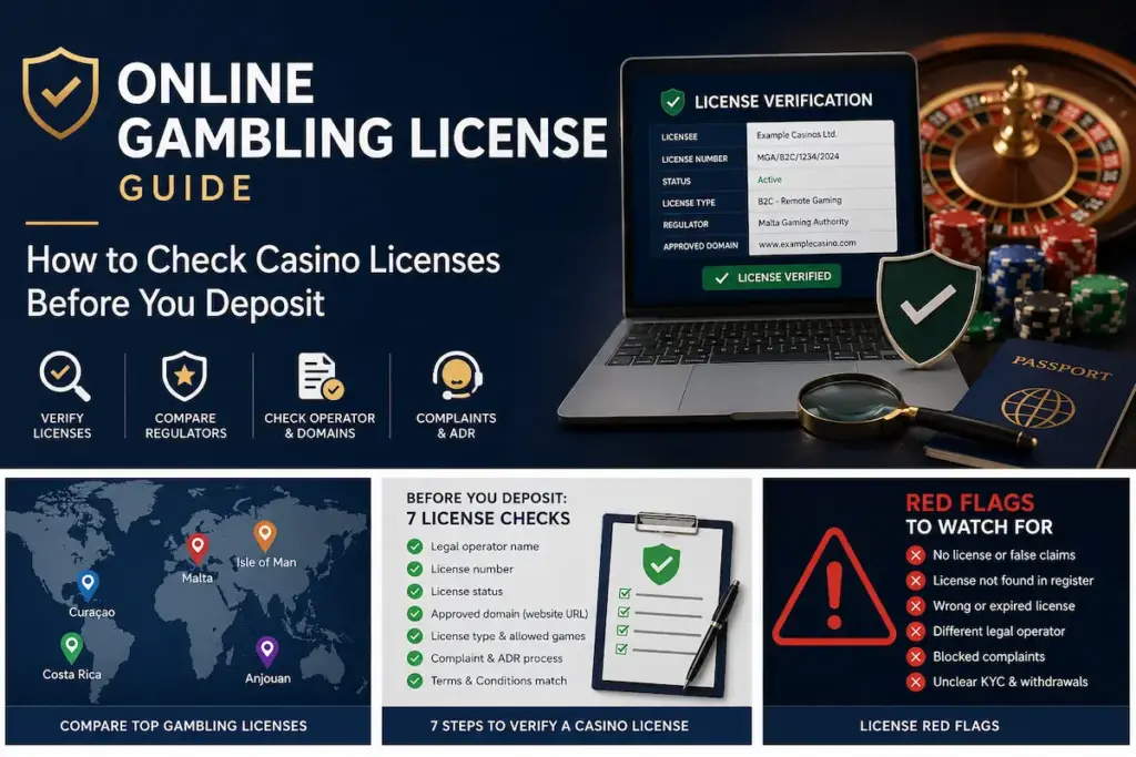 Online gambling license guide showing casino license verification, operator checks, domain checks, complaint routes, and red flag warnings before depositing.