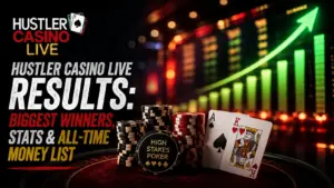 Hustler Casino Live Results featured image showing high-stakes poker chips, an Ace-King hand, and an abstract glowing green upward trend graph representing the all-time money list.