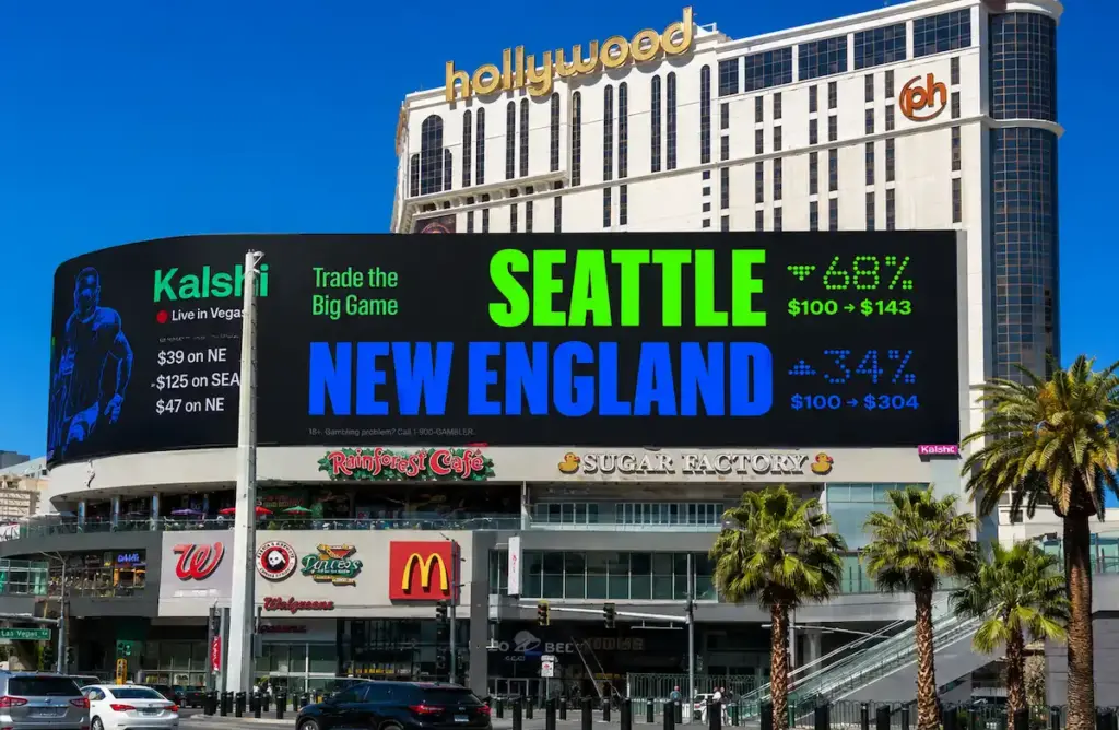 Kalshi prediction market billboard on the Las Vegas Strip advertising Big Game contracts