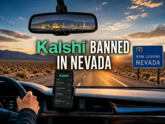 Kalshi Nevada ban illustrated with a car leaving Nevada and the Las Vegas skyline in the rearview mirror