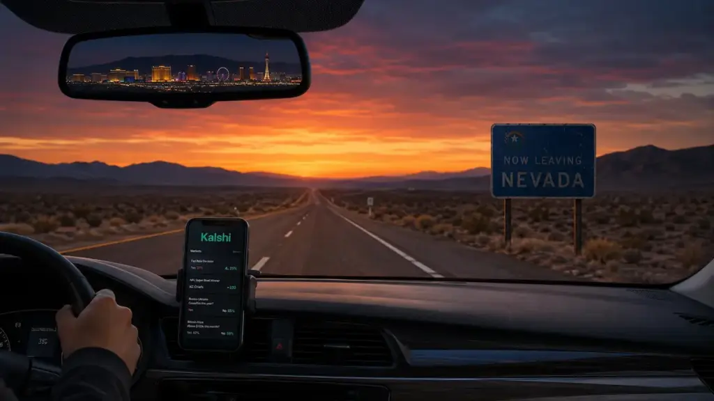 Kalshi Nevada ban illustrated with a car leaving Nevada and the Las Vegas skyline in the rearview mirror