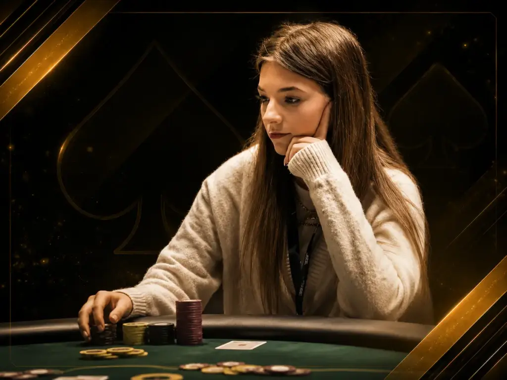 Leah Hauer playing a live poker tournament with poker chips on the table