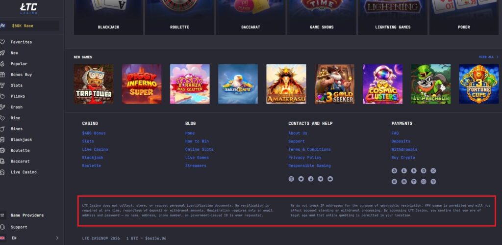 LTC Casino footer with its no-KYC registration and identity-document policy highlighted