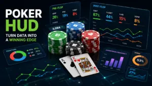 Digital poker table with chips and cards surrounded by floating preflop and postflop poker hud stats displays and strategic graphs.