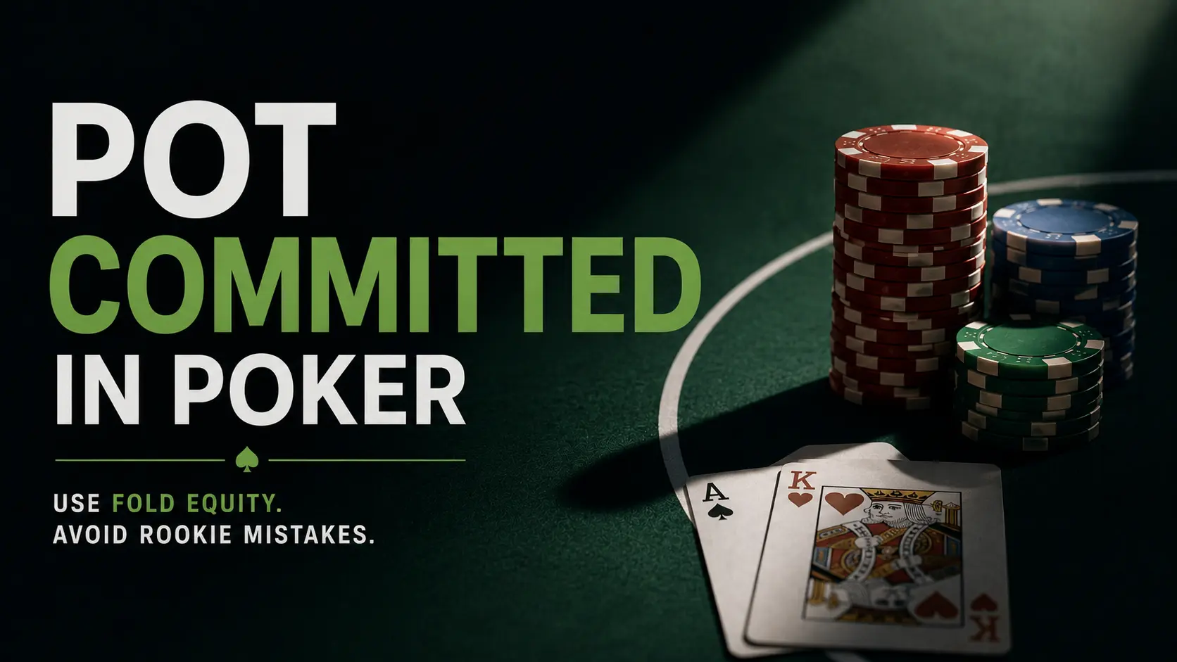 Graphic illustrating the concept of being pot committed in poker, featuring stacks of chips and Ace-King hole cards on a green table with text advising to use fold equity and avoid rookie mistakes.