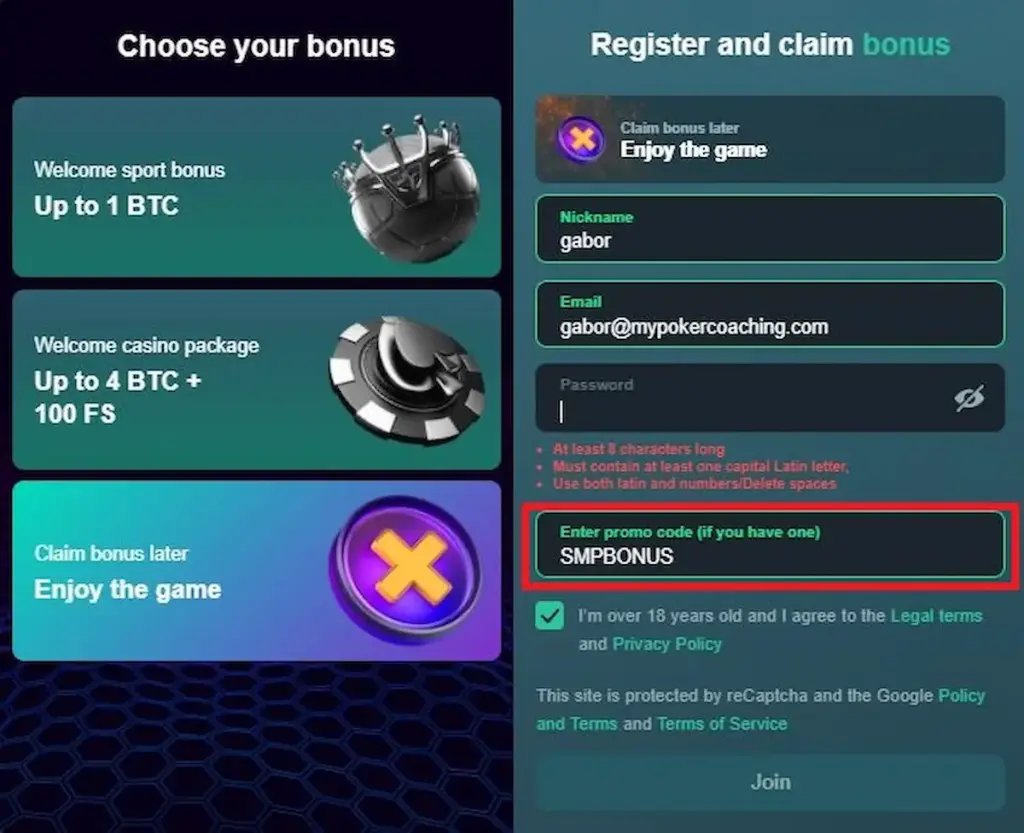 Vave Casino registration form with SMPBONUS entered in the promo code field