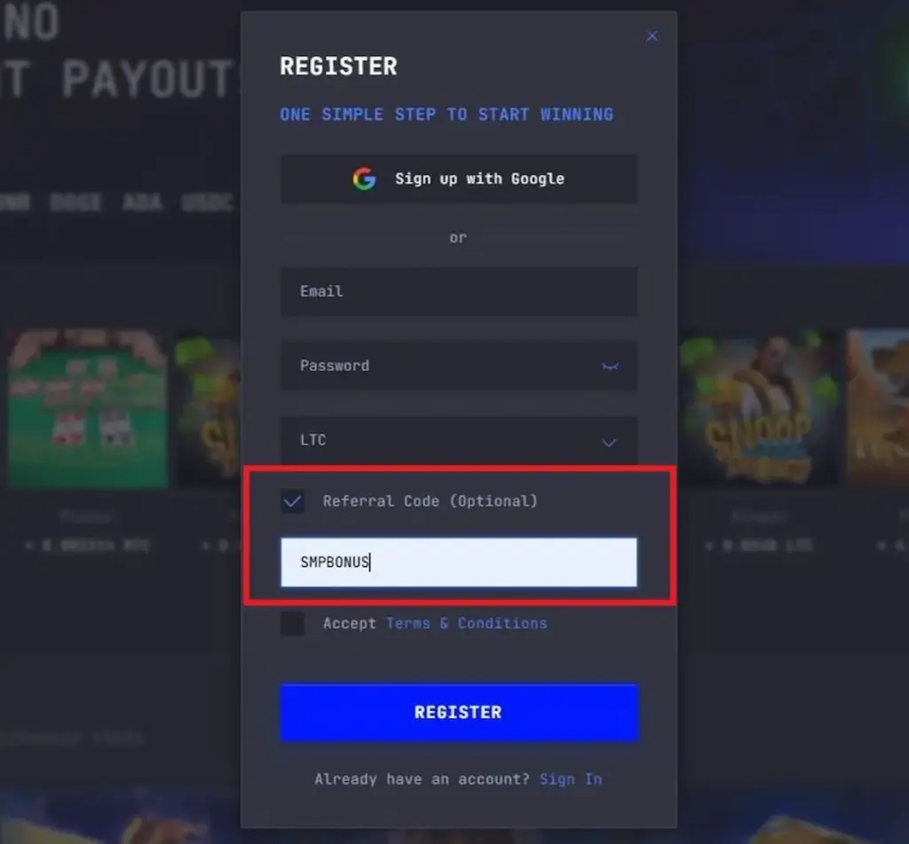 LTC Casino registration form with SMPBONUS entered in the optional referral code field