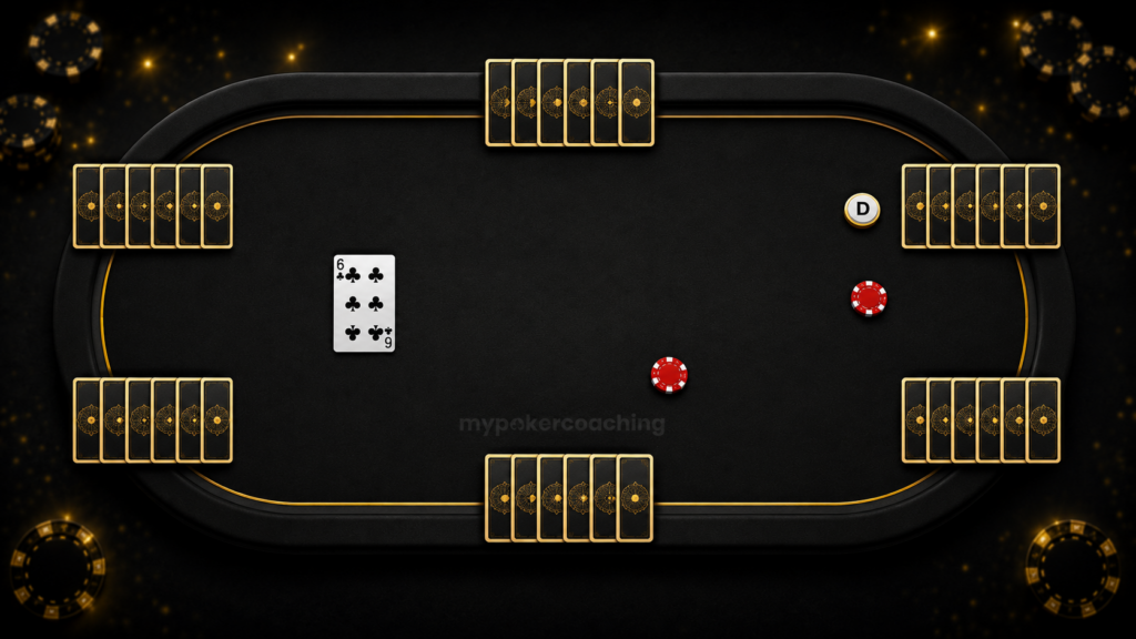 Black-and-gold poker table illustration with six player card positions, a dealer button, poker chips, and one revealed card.
