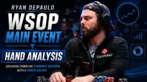 Ryan Depaulo sitting at a poker table wearing headphones and a CoinPoker patch, alongside text overlay reading Ryan Depaulo WSOP Main Event Hand Analysis with poker solver graphics.
