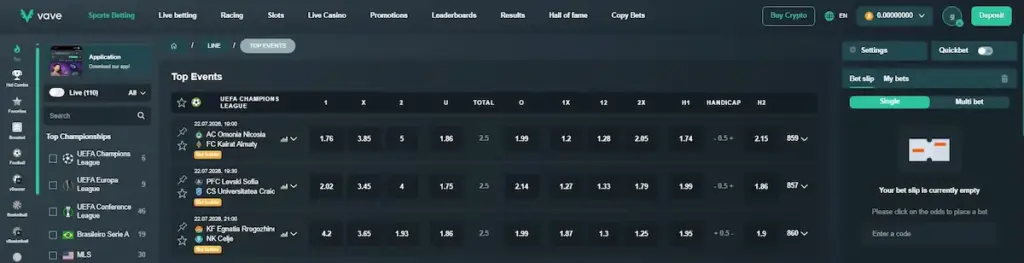 Vave sportsbook showing football events, betting markets, odds and the bet slip