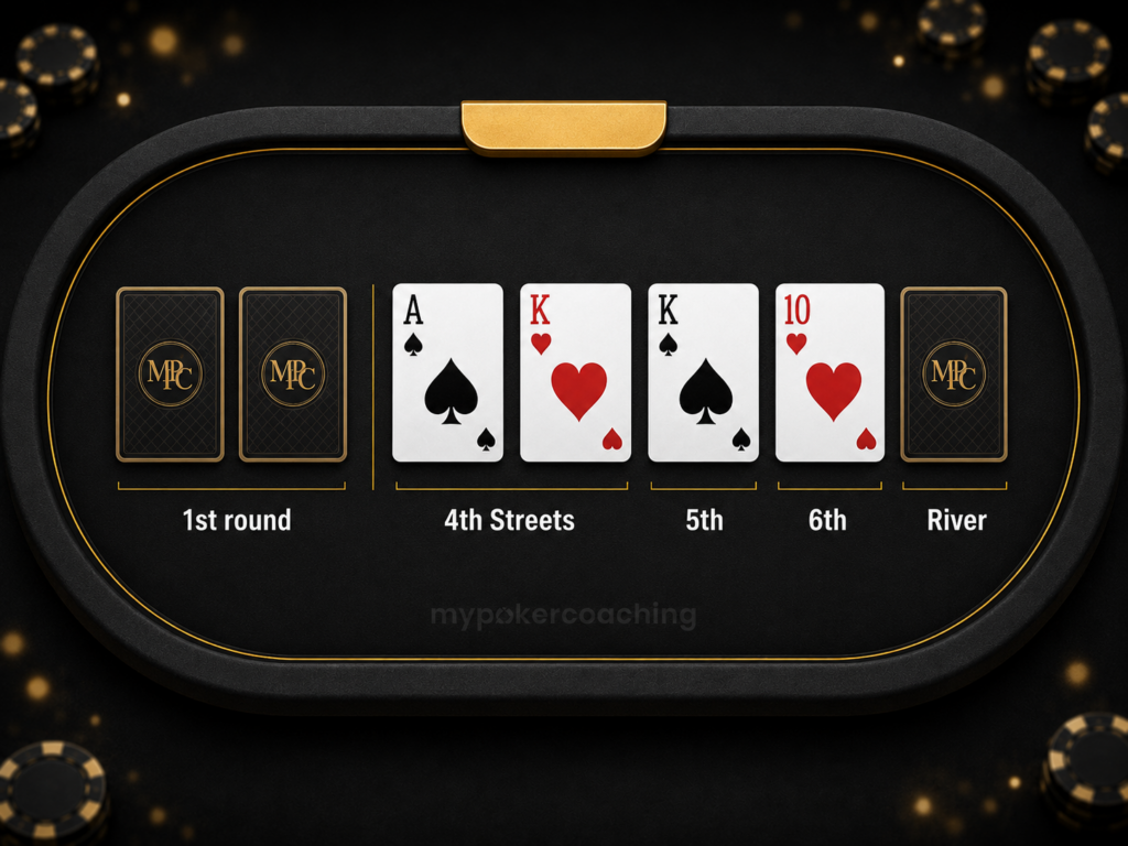 7 Card Stud dealing rounds diagram showing the first round, Fourth Street, Fifth Street, Sixth Street, and River cards.