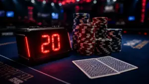 WSOP Main Event shot clock displaying 20 seconds on a poker table during tournament play