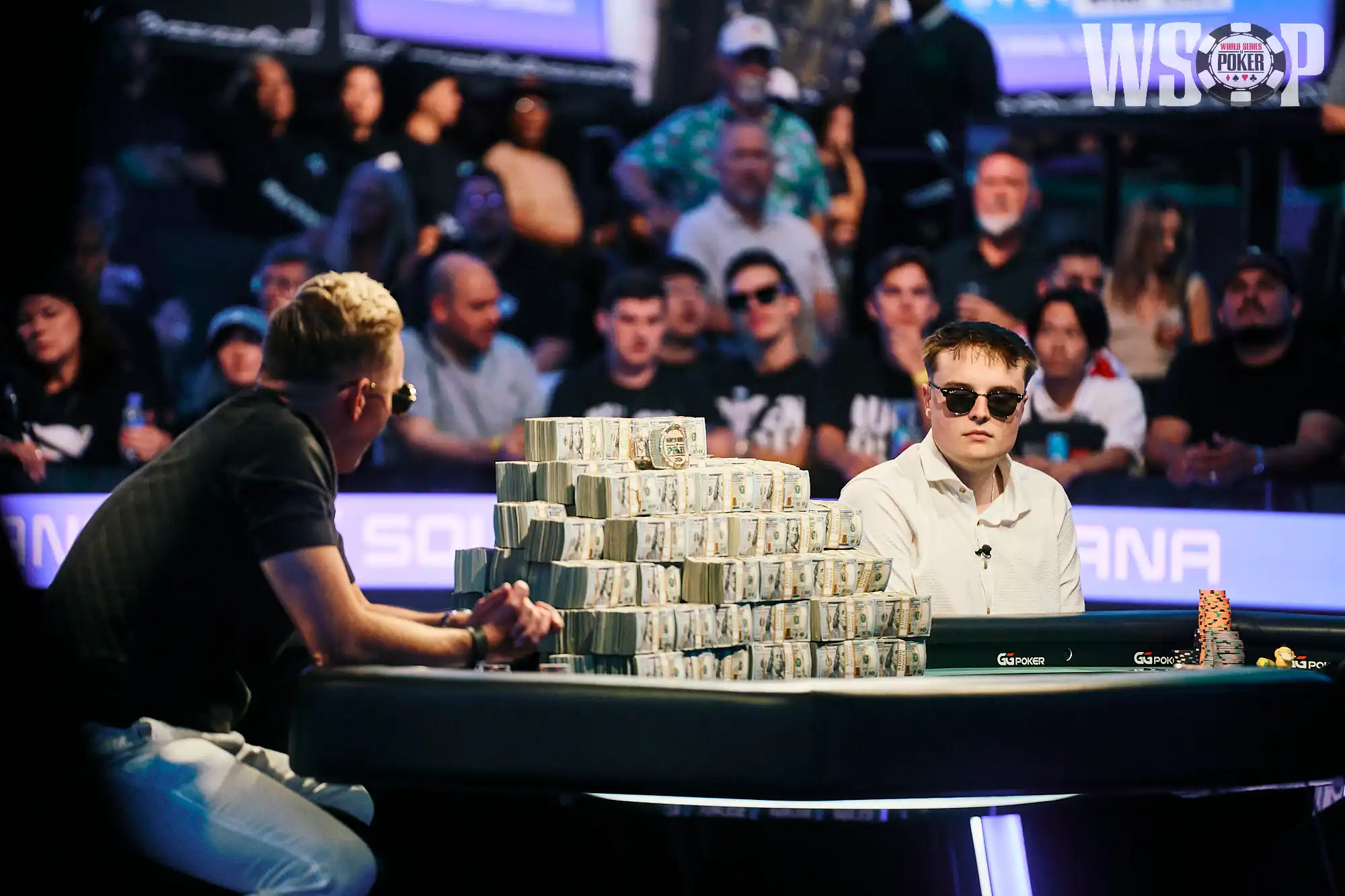 Lucas Jumalon and Lauri Saaskilahti playing heads-up at the 2026 WSOP Main Event final table with the $10 million prize money