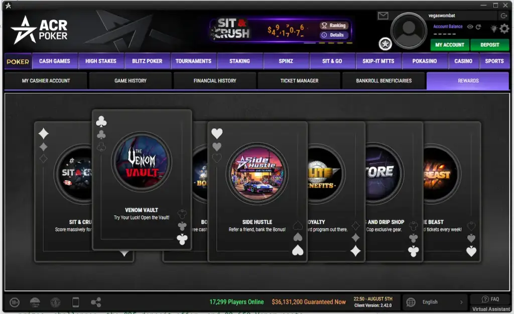 ACR Poker Rewards menu showing the Venom Vault promotion