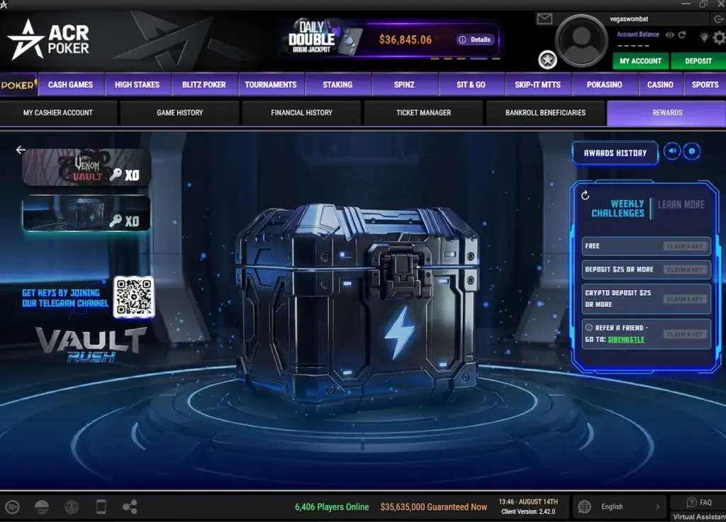 ACR Vault Rush 2026 screen showing the vault, Telegram QR code, and four weekly challenges in the ACR Poker client