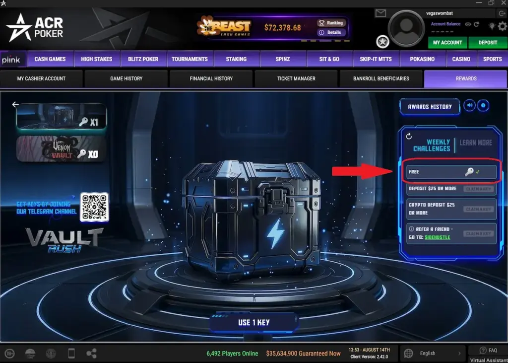 ACR Vault Rush 2026 screen showing one claimed key and the Use 1 Key button in the ACR Poker client